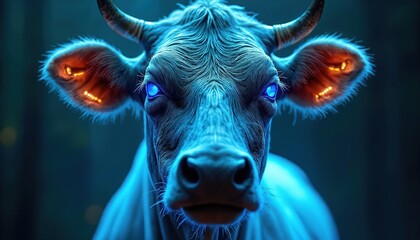 Close up futuristic cow with blue circuit. Digital farm animal concept with neon light eyes, technological innovation. Sci-fi art for agricultural tech solutions. Robotic dairy farming, automated