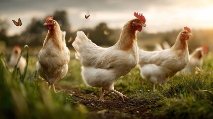 Fototapeta premium A group of domestic chickens walking through a green grassy field at golden hour Several hens with white and light brown feathers graze peacefully outdoors while butterflies fly around