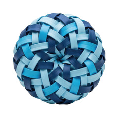 A woven ball made of blue and dark blue strips, intricately interlaced in a circular pattern, isolated on white isolated on transparent background