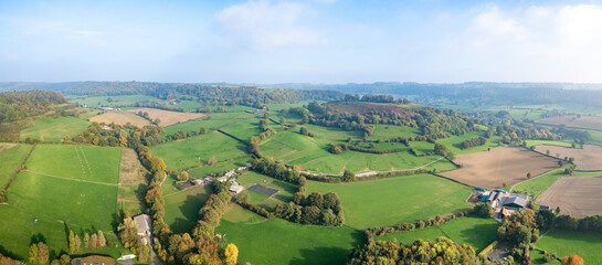 epic aerial view in Cotswolds, near Dursley and Uley. Autumn Travel in United Kingdom