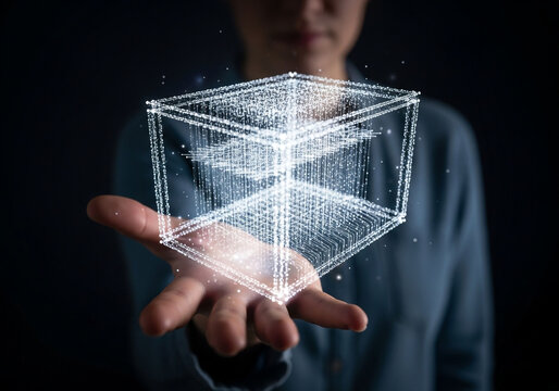 A person's hand holding a glowing 3D wireframe cube made of digital particles against a dark background.