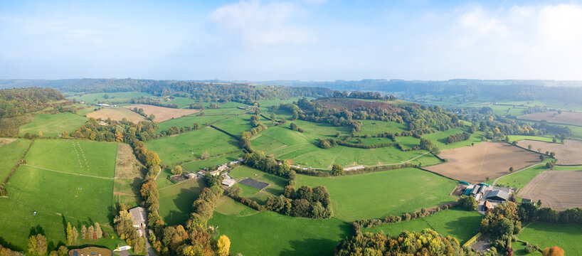 epic aerial view in Cotswolds, near Dursley and Uley. Autumn Travel in United Kingdom
