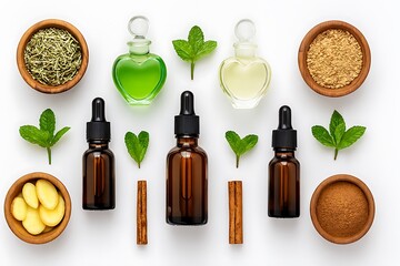 Naklejka premium Natural essential oils and ingredients for aromatherapy and skincare