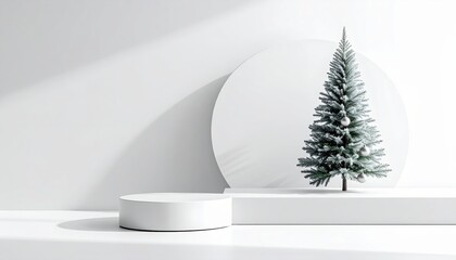 Minimalist white studio background with snowy Christmas tree product podium stage and soft winter sunlight casting shadows