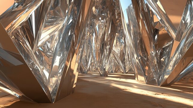 Abstract metallic sculptures forming a reflective forest environment - Powered by Adobe
