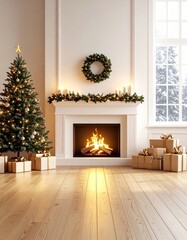 Cozy Christmas living room with a decorated tree and fireplace, surrounded by glowing candles and wrapped holiday presents by a snowy window.