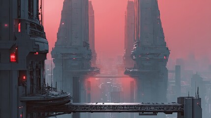 Futuristic city landscape with towering skyscrapers and sky bridges under a red sky. Sci-fi urban cityscape with abstract architecture for technological concept.