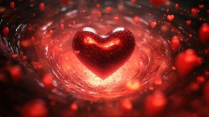 A glowing red heart floats in a vortex of smaller hearts and light, symbolizing love and passion in a dynamic, abstract composition 4k video - Powered by Adobe