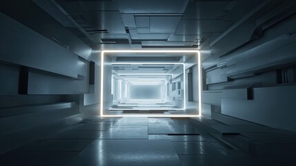 Dark futuristic tunnel with bright glowing neon light frame. Sci-fi technology and virtual reality concept. Cyberpunk digital background for presentation.
