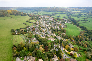 amazing aerial view Uley, Village in Cotswolds, near Dursley. Autumn Travel in United Kingdom