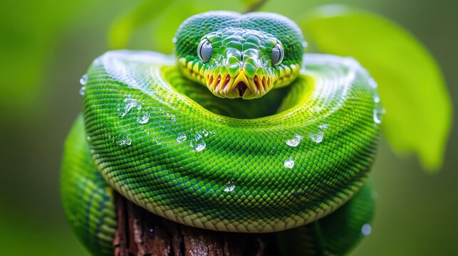 Emerald Green Tree Python Coiled Elegantly In Its Natural Habitat