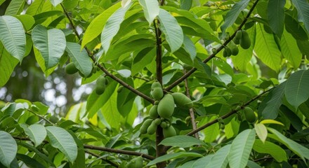 Obraz premium Lush green tree laden with unripe fruit, leaves abundant, natural light