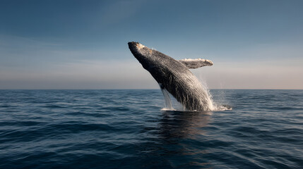 Fototapeta premium Humpback whale breaching the surface of the ocean under a clear blue sky