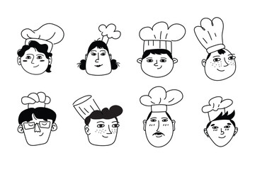 A fun set of eight cartoon chef faces in doodle style. Perfect for restaurant logos, culinary brands, menus, web design, packaging, food blog illustrations, postcards, prints, posters, and banners.