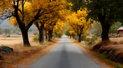 Obraz premium Autumn road lined with trees displaying vibrant yellow fall foliage