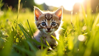 A sweet, wide-eyed kitten sits nestled in lush green grass, bathed in the warm, golden light of the setting sun. A truly adorable sight