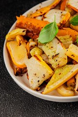 grilled zucchini warm salad vegetables dish natural product tasty snack fresh delicious gourmet food background on the table rustic top view copy space keto and paleo diet vegan and vegan food