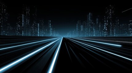 Futuristic city road with light trails. Abstract speed concept. Digital motion blur on highway for internet communication and technology background.