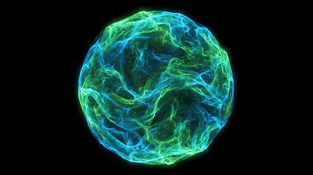 Abstract glowing sphere of blue and green energy on a dark background, representing science and innovation.