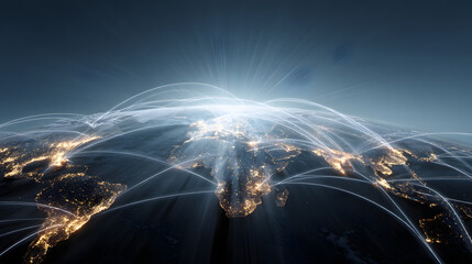 Global network connections over a glowing Earth at night, with city lights