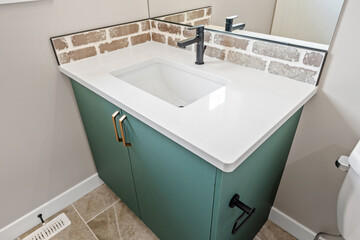 Bathroom sink with a green cabinet and a mirror above it