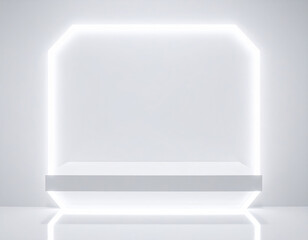 Minimalist futuristic shelf glowing edges empty sci fi white room octagon frame white light