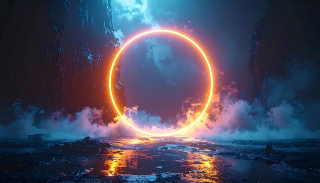 A surreal digital art scene with a glowing orange ring in the center, atmospheric blue and orange color scheme, rocky terrain, and ethereal clouds - Powered by Adobe