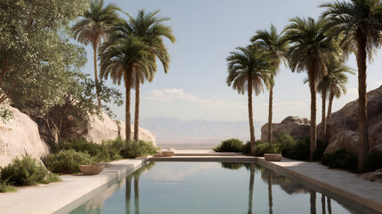 Fototapeta premium Tranquil desert oasis with palm trees, pool, and mountain views