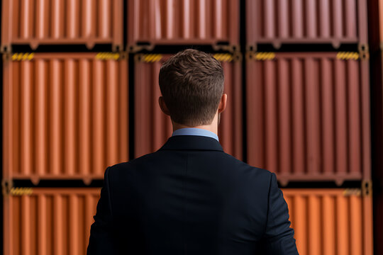 A man in a suit stands before shipping containers. His back is turned, creating a sense of mystery. Neutral tones dominate the color palette.