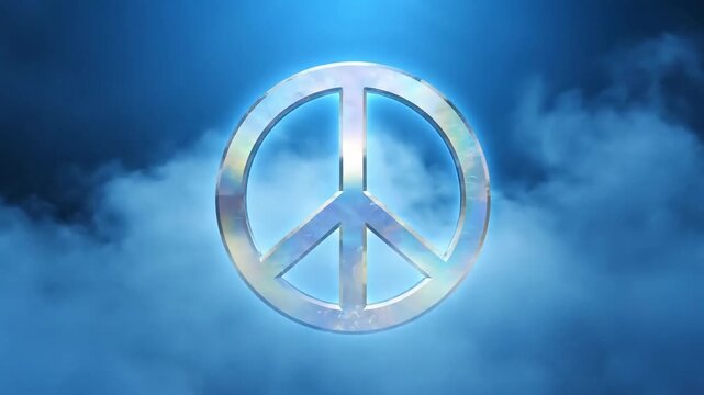 Shimmering peace symbol glowing softly in ethereal blue clouds
