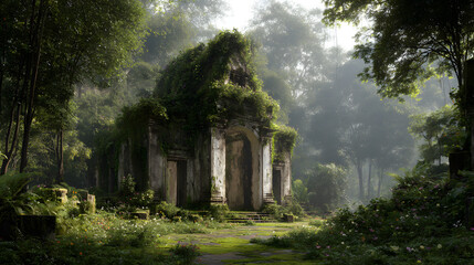 Obraz premium Ancient temple ruins overgrown with lush vegetation in a tranquil forest setting