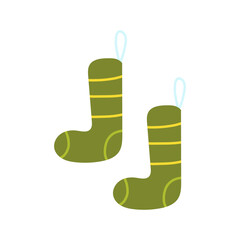 Childlike cartoon-style pair of cozy Xmas socks with gifts and decorations, playful festive clipart.