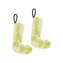 Childlike cartoon-style pair of cozy Xmas socks with gifts and decorations, playful festive clipart.