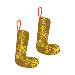 Childlike cartoon-style pair of cozy Xmas socks with gifts and decorations, playful festive clipart.