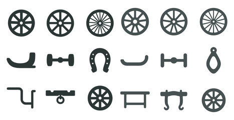Fototapeta na wymiar Vintage transportation solid icons set – silhouette, filled, wheel and cart symbols