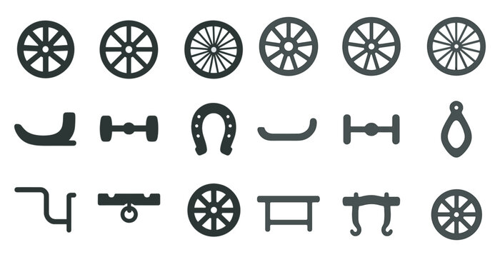 Fototapeta Vintage transportation solid icons set – silhouette, filled, wheel and cart symbols