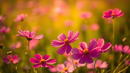 A field of bright cosmos flowers bathed in warm sunlight, creating a dreamy and vibrant scene.