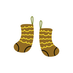 Childlike cartoon-style pair of cozy Xmas socks with gifts and decorations, playful festive clipart.