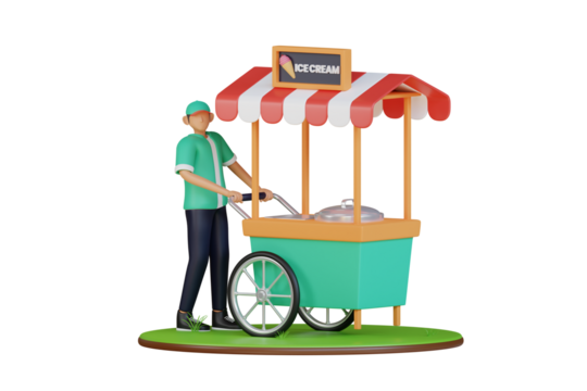 Man Pushing Ice Cream Cart With Red And White Striped Awning And Ice Cream Sign On Transparent Background With Green Grass Base