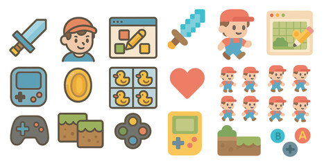 Retro gaming pixel art icons set – classic, 8-bit, video game design elements