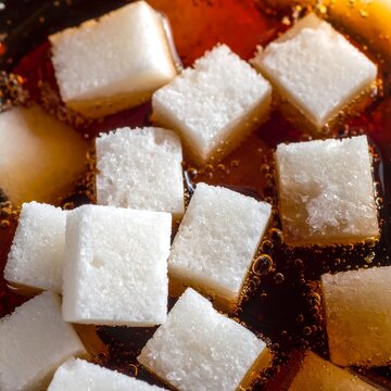 Close-up shot of white sugar cubes dissolving in dark brown liquid