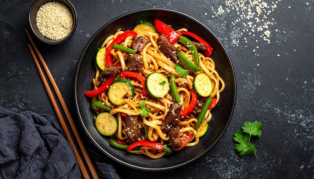 A top-down shot showcasing a vibrant Asian-inspired stir-fry with udon noodles, colorful veggies, and beef, with sesame garnish