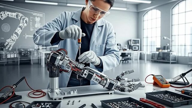 Robotics Engineer Assembling Advanced AI-Powered Bionic Arm in High-Tech Research Laboratory