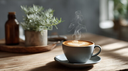 Steaming latte art coffee in a gray cup on a wooden table with a plant