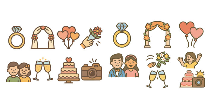 Wedding and celebration flat icons set – filled, romantic, event planning symbols