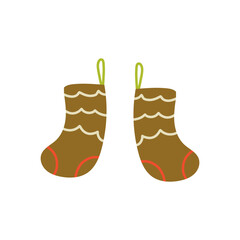Childlike cartoon-style pair of cozy Xmas socks with gifts and decorations, playful festive clipart.