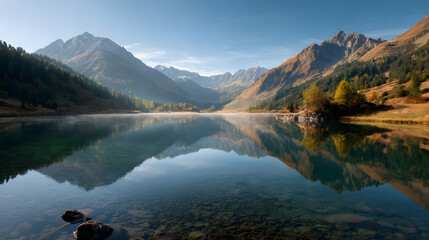 Scenic mountain lake landscape with clear water and autumn colors