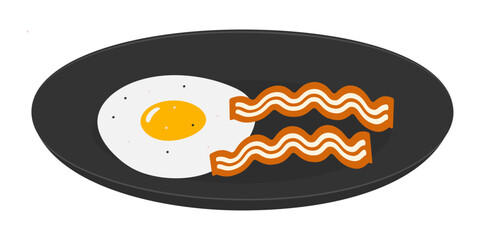 Fried Egg with Yolk and Bacon Stripes in Black Plate Traditional English Breakfast or Domestic Food