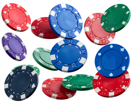 Colorful Poker Chips Floating in Mid-Air Isolated on Transparent Background.