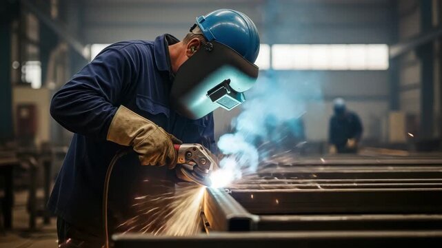 A skilled metalworker is grinding metal with an angle grinder, creating sparks and smoke in a factory setting
